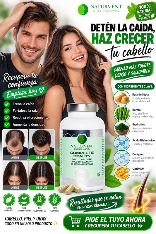 COMPLETE BEAUTY  Fortalecedor Cabello Piel y Uñas, Prevenir la Caída del Pelo y darle Fuerza y Brillo. 120 Cápsulas