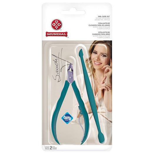 Kit Alicate de Cutícula + Espátula Dupla Mundial Sandy  azul